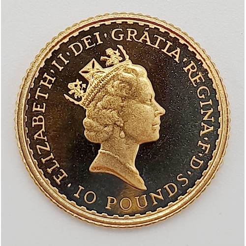 211 - A Royal Mint 1989 Britannia 1/10oz 22K Gold Coin. This limited edition proof coin (No. 1212) comes i... 