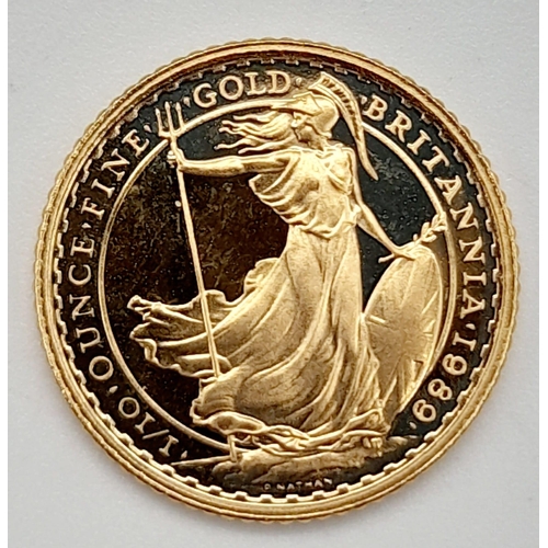 211 - A Royal Mint 1989 Britannia 1/10oz 22K Gold Coin. This limited edition proof coin (No. 1212) comes i... 