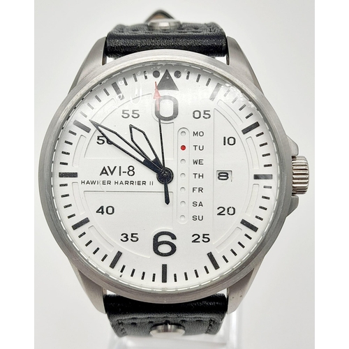 360 - An AVI-8 Hawker Harrier Gents Watch. Black leather strap. Steel case - 45mm. White dial with date wi... 