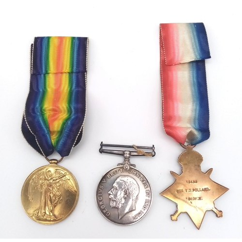 568 - Three WWI Medals Awarded to Private Pollard of the Bedfordshire Regiment. 1914-18 George V Medal, Th... 