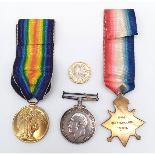 568 - Three WWI Medals Awarded to Private Pollard of the Bedfordshire Regiment. 1914-18 George V Medal, Th... 