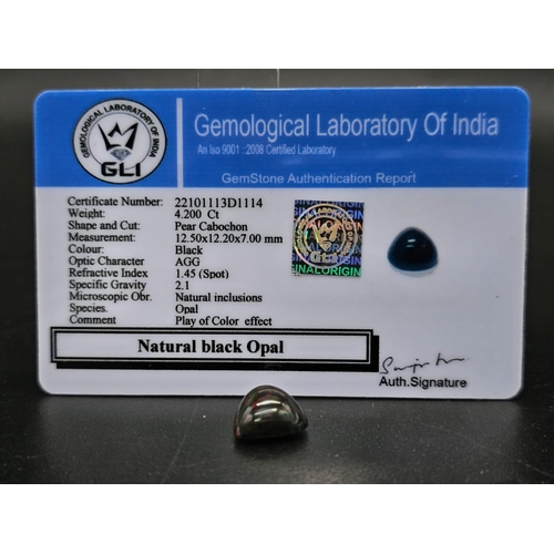 1064 - A 4.20ct Natural Black Fire Opal, in a Pear Cabochon Shape. Come with the GLI Certificate.