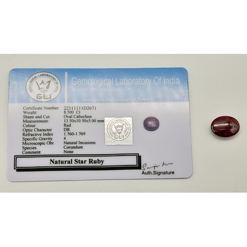 1078 - A 8.50ct Natural Star Ruby, in an Oval Cabochon shape. Come with the GLI Certificate