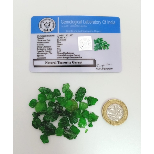 1288 - 76.550ct Natural Tsavorite Garnet. Rough Lot. GLI Certificate.