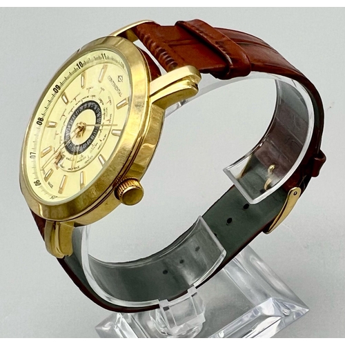 132 - A Continental 1360 Quartz Gents Watch. Brown leather strap. Two tone steel case - 42mm. Yellow and b... 