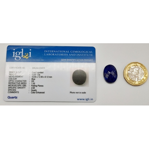 1323 - A 12.67ct Faceted Blue Quartz, in an Oval Shape. Color Enhanced. Come with the IGL&I Certificate