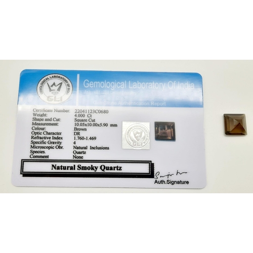 1406 - A 4ct Faceted Natural Smoky Quartz, in a Square Shape cut. Come with the GLI Certificate.