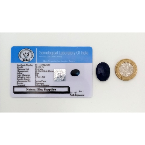 1497 - A 18.15 Ct  Natural Faceted  Blue Sapphire, in an Oval mix shape. Color Enhanced. Comes with the GLI... 