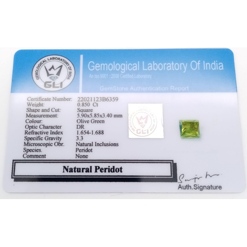 1772 - A 0.85Ct Natural Faceted Peridot in a Square Shape. Come with the GLI Certified