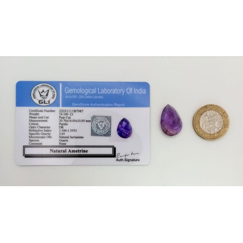 1793 - A 14.10 Ct Faceted Natural Ametrine, in a Pear Shape. Come with the GLI Certificate.