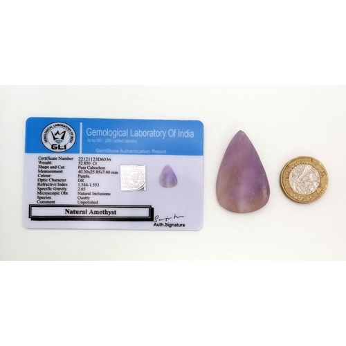 1800 - A 52.85 Ct Unpolished, Natural Amethyst, in a Pear Cabochon Shape. Comes with the GLI Certificate.