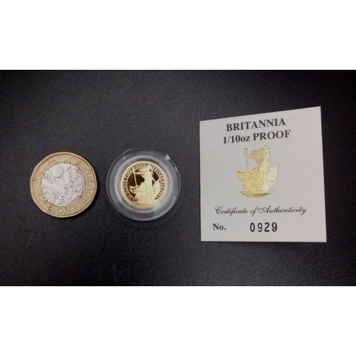 197 - A 1991 Britannia 1/10oz 22k Gold Coin. This limited edition proof coin (No. 0929) comes in its origi... 