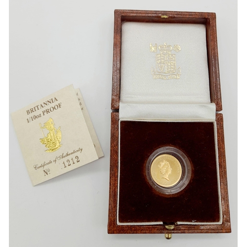 211 - A Royal Mint 1989 Britannia 1/10oz 22K Gold Coin. This limited edition proof coin (No. 1212) comes i... 