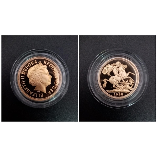 57 - A 1998 Queen Elizabeth II 22K Gold Sovereign Coin. This limited edition proof coin (No. 2628) comes ... 