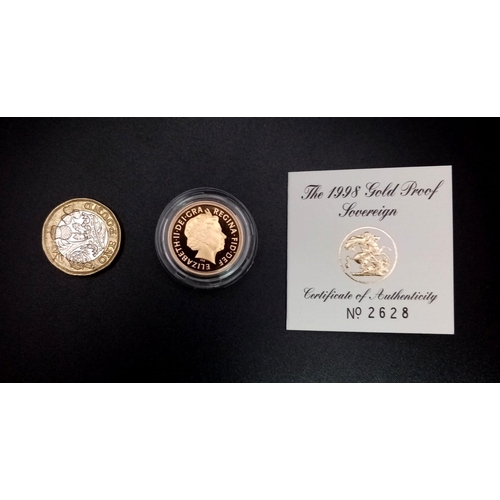 57 - A 1998 Queen Elizabeth II 22K Gold Sovereign Coin. This limited edition proof coin (No. 2628) comes ... 