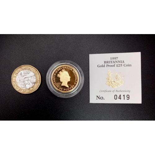 62 - A 1997 Royal Mint 22K Gold £25 Coin. This limited edition proof (No. 0419) coin comes in the origina... 