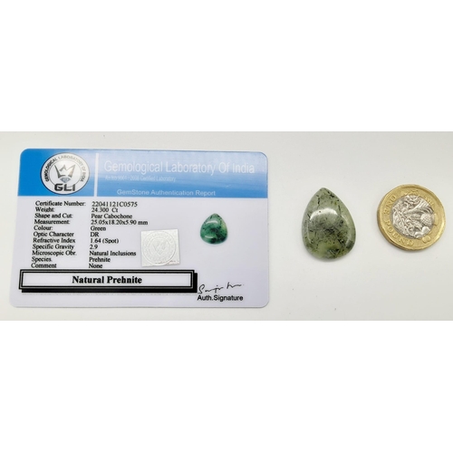 659 - A 24.30ct Natural Prehnite, in a Pear Cabochon Shape. Come with the GLI Certificate