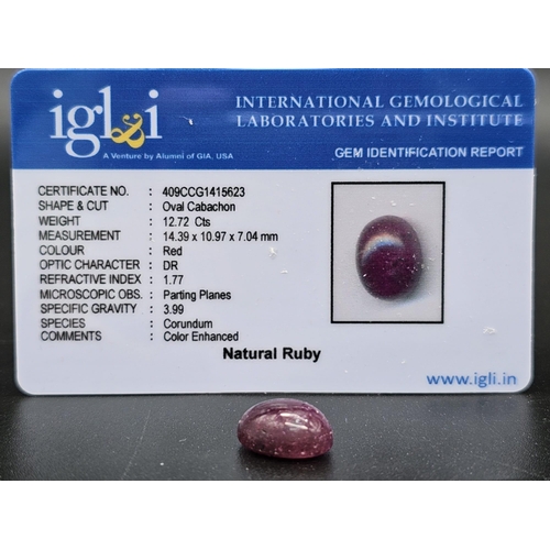 833 - A 12.72 Ct Natural Cabochon Ruby. Color Enhanced. Come with the IGL&I Certificate.