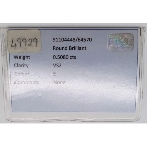 93 - A 0.50ct Natural Round Brilliant-Cut Diamond. Comes with an E.G.L. diamond report - VS2 clarity and ... 