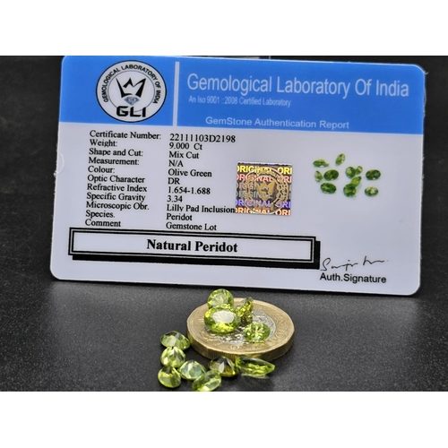 904 - A 9 Ct Faceted Peridot Gemstones. Lot of 11 Pcs. Mixed Shapes. GLI Certificate.