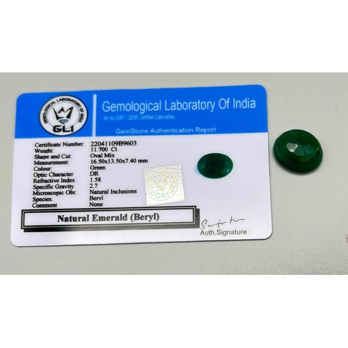 1183 - 11.70 Ct Natural Brazilian Emerald. In Oval Shape. Comes with GLI Certificate.