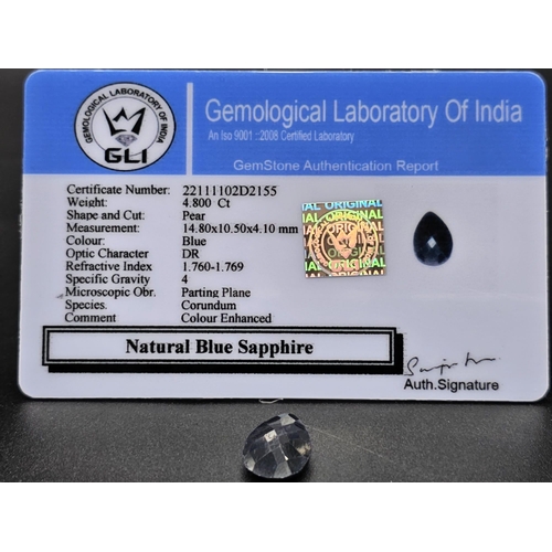 1190 - 4.80 Ct Natural  Blue Sapphire. Colour Enhanced. Pear Shape. GLI Certificate.