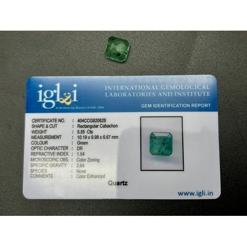 1281 - 5.55 Ct Cabochon Colour Enhanced Green Quartz. Rectangular Shape. IGL&I Certificate.