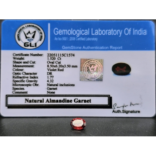 1392 - A 1.52 Ct Faceted Almandine Garnet. In Oval Shape. Comes with GLI Certificate.