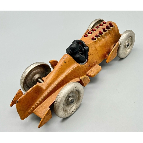 316 - A Rare 1930s Hubley Cast Iron Race Car - With moving flame exhaust! 26cm length.