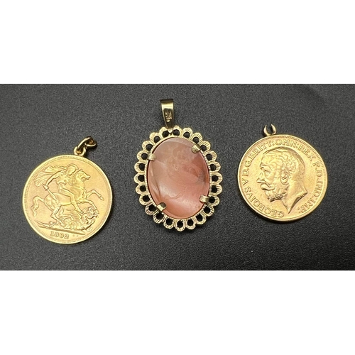 78 - Two 18 k yellow gold coin pendants and a 9 K yellow gold cameo pendant. Total weight: 19 g. Ref: 000... 