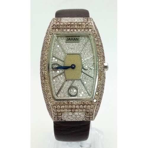 106 - An 18 k white gold JAHAN AQUEDUC limited edition (no 005)  watch. 48 x 30 mm case, studded with yell... 