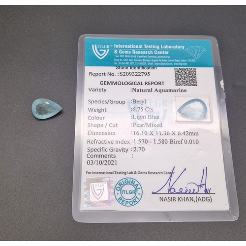 1218 - A 6.75ct Natural Aquamarine, in a Pear Shape. Comes with an ITLGR Certificate.