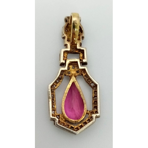 141 - An antique 18 K gold pendant with a pear shaped ruby (app 4 carats) and diamonds. Length: 33 mm, wei... 