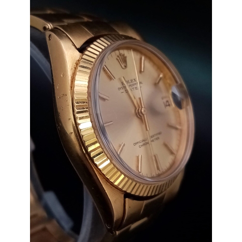 268 - An 18k yellow gold ROLEX Oyster Perpetual Date watch. 31mm case with yellow gold bezel, face, hour m... 