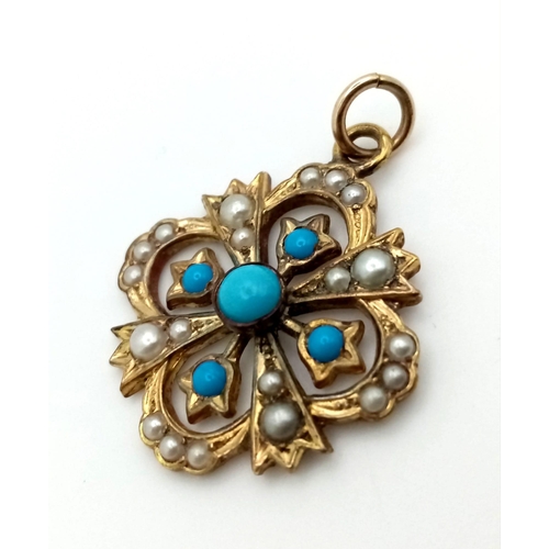 1174 - A Victorian High-Karat Turquoise and Pearl Pendant. 3cm. 2.89g total weight.