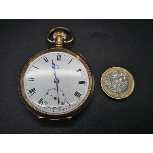 36 - A yellow gold plated OMEGA pocket watch. 50 mm case, white dial with black roman numerals, Inscripti... 