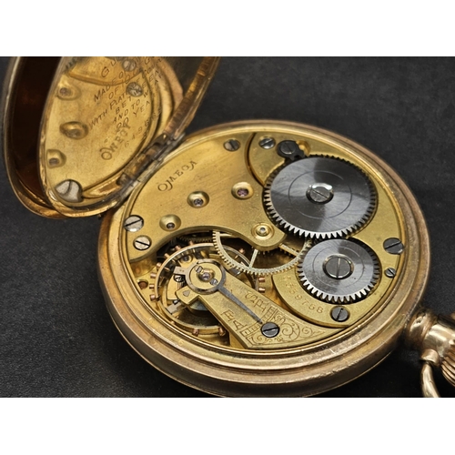 36 - A yellow gold plated OMEGA pocket watch. 50 mm case, white dial with black roman numerals, Inscripti... 