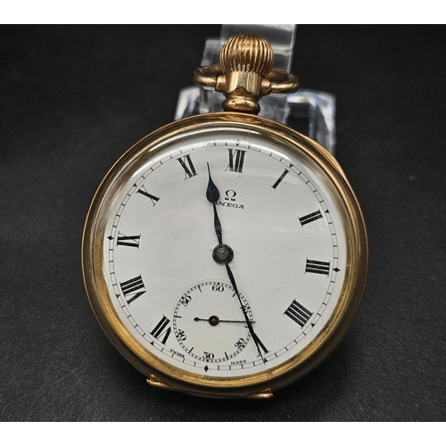 36 - A yellow gold plated OMEGA pocket watch. 50 mm case, white dial with black roman numerals, Inscripti... 