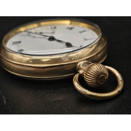 36 - A yellow gold plated OMEGA pocket watch. 50 mm case, white dial with black roman numerals, Inscripti... 