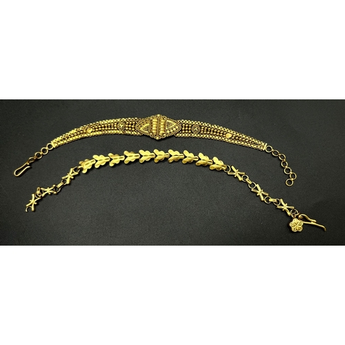 602 - Two high karat yellow gold  bracelets, probably of Indian origin, one 22 k and the other 20 K . Tota... 