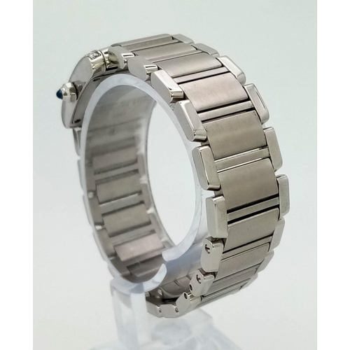 612 - A stainless steel CARTIER watch. 23 x 20 mm case, Bezel with diamonds on two sides, white face with ... 