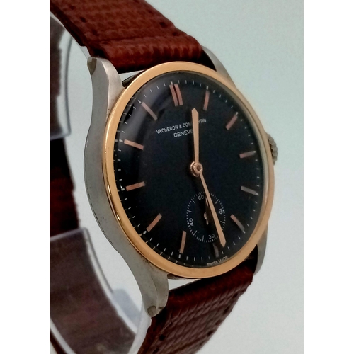 626 - A rare, vintage Two tone Vacheron & Constantin watch. 30 mm case, rose gold tone bezel, black face w... 