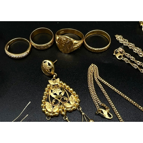 637 - A yellow gold mixed lot consisting of:
22 K necklace and three rings (weight: 28.8 g)
21 K one chain... 