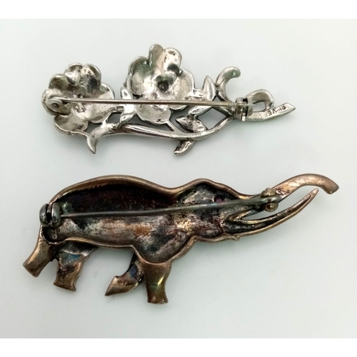 1093 - Two Vintage 925 Silver and Marcasite Brooches. Twin roses and an Elephant. 5 and 6cm.