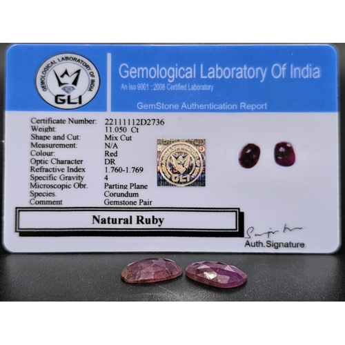 819 - A 11.05 Ct Faceted Ruby Gemstones Pair. Oval Shape. Comes with GLI Certificate.