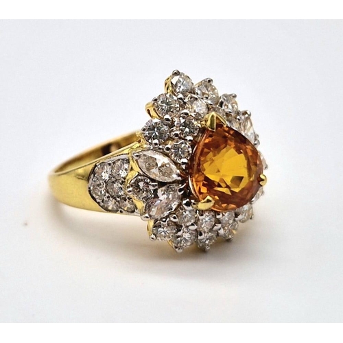 85 - Two 18 K yellow gold rings, one with an orange heart shaped sapphire surrounded with diamonds and th... 