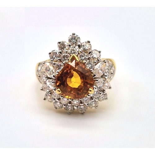 85 - Two 18 K yellow gold rings, one with an orange heart shaped sapphire surrounded with diamonds and th... 