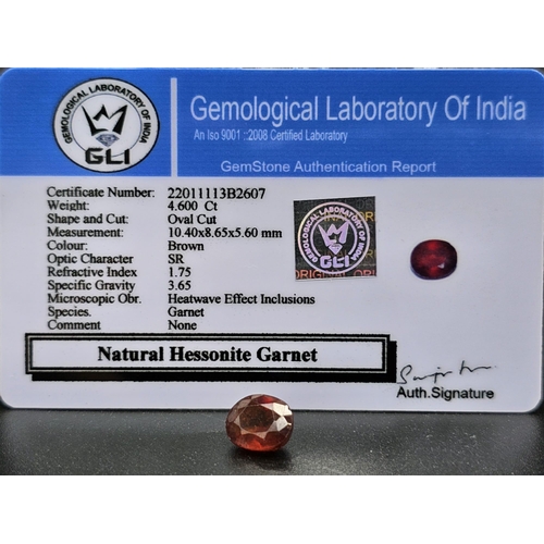 937 - A 4.6ct Natural Hessonite Garnet. Oval Cut. Comes with GLI Certificate.