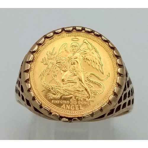 351 - A 22K Gold (1/20oz) Angel Coin set in a 9K gold Ring. Size R.
3.93g total weight.