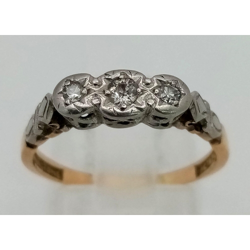 450 - A Vintage Bravingtons 18K Yellow Gold and Platinum Diamond Trilogy Ring. 0.30ctw. Size N. 2.52g tota... 